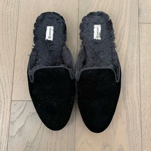 Birdies the Phoebe black velvet faux fur slipper loafers